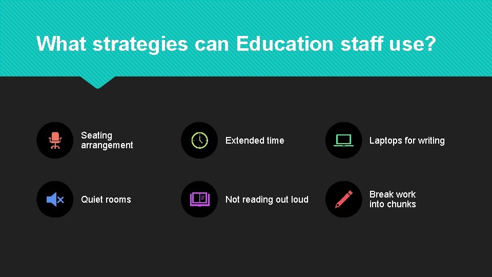 What strategies can Education staff use? Seating arrangement Extended time Laptops for writing Quiet