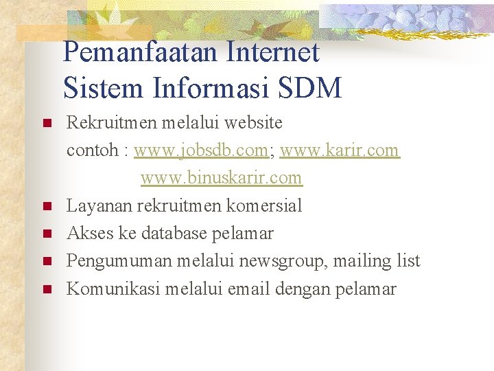 Pemanfaatan Internet Sistem Informasi SDM n n n Rekruitmen melalui website contoh : www.