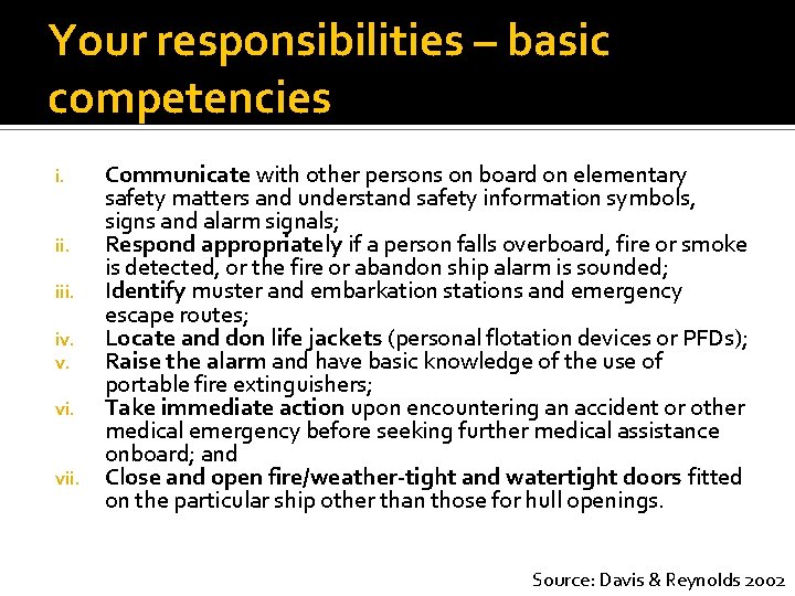 Your responsibilities – basic competencies Communicate with other persons on board on elementary safety