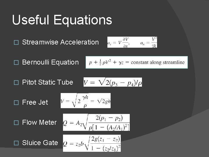 Useful Equations � Streamwise Acceleration � Bernoulli Equation � Pitot Static Tube � Free