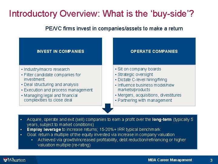 Introductory Overview: What is the ‘buy-side’? PE/VC firms invest in companies/assets to make a