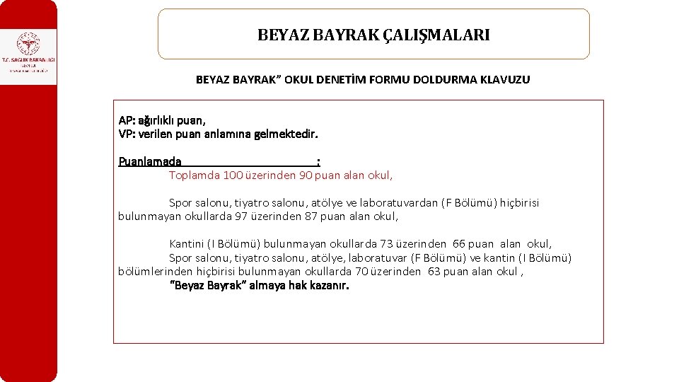 BEYAZ BAYRAK ÇALIŞMALARI BEYAZ BAYRAK” OKUL DENETİM FORMU DOLDURMA KLAVUZU AP: ağırlıklı puan, VP: