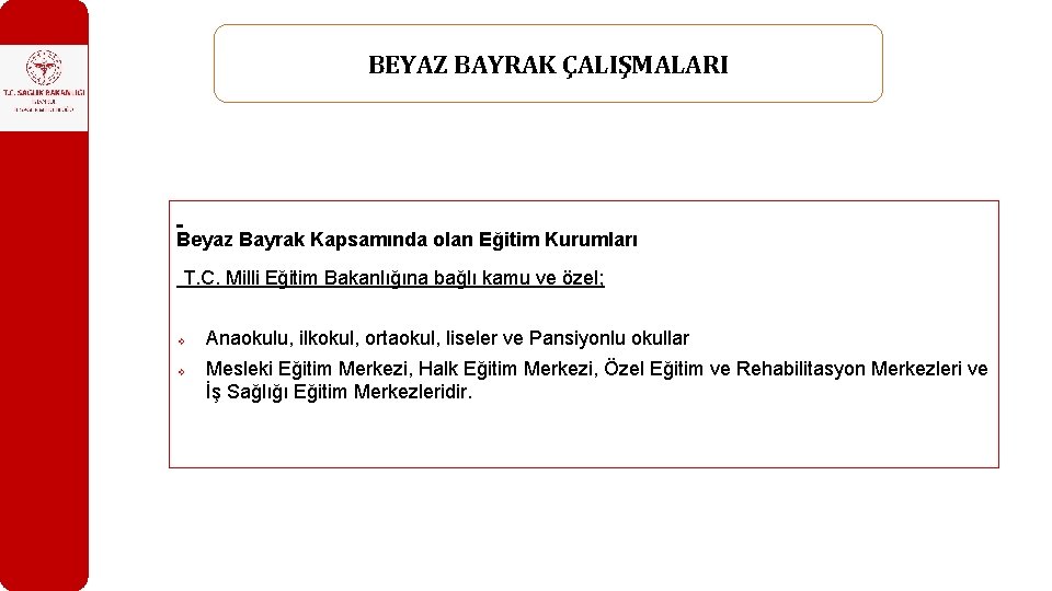 BEYAZ BAYRAK ÇALIŞMALARI Beyaz Bayrak Kapsamında olan Eğitim Kurumları T. C. Milli Eğitim Bakanlığına