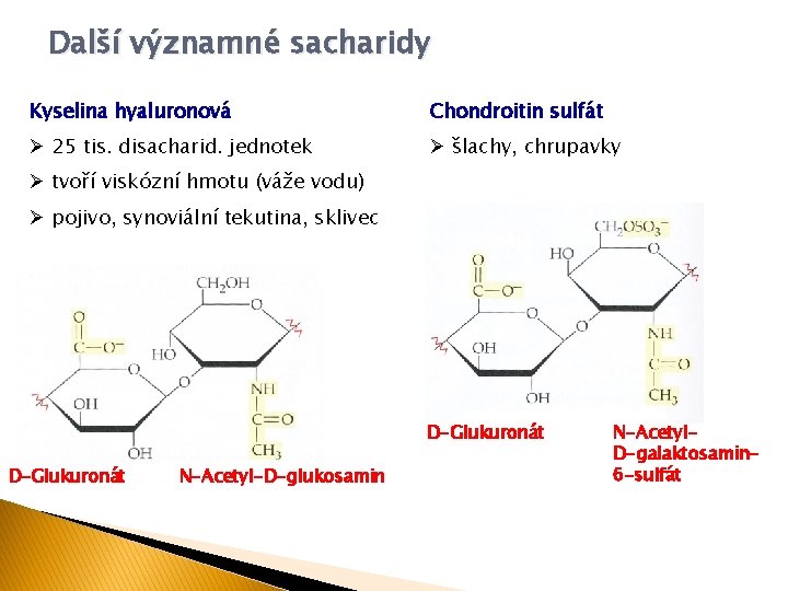 Další významné sacharidy Kyselina hyaluronová Chondroitin sulfát Ø 25 tis. disacharid. jednotek Ø šlachy,