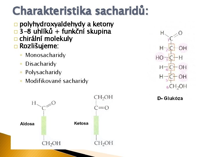 Charakteristika sacharidů: polyhydroxyaldehydy a ketony � 3 -8 uhlíků + funkční skupina � chirální