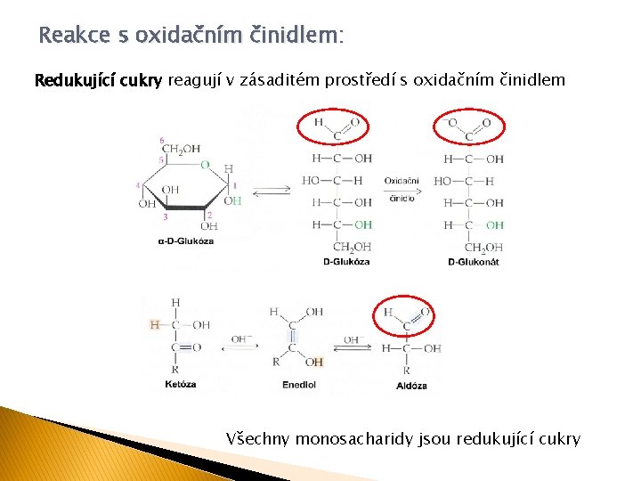 Reakce s oxidačním činidlem: Redukující cukry reagují v zásaditém prostředí s oxidačním činidlem Všechny