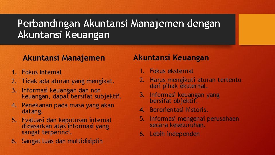 Perbandingan Akuntansi Manajemen dengan Akuntansi Keuangan Akuntansi Manajemen 1. Fokus Internal 2. Tidak ada