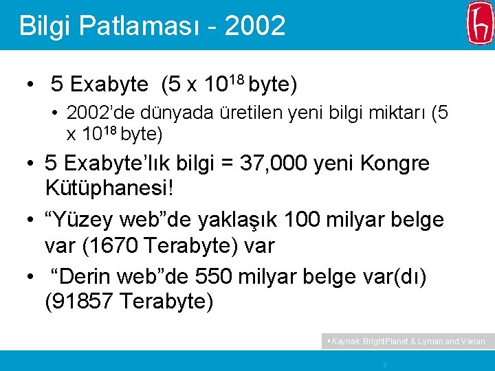 Bilgi Patlaması - 2002 • 5 Exabyte (5 x 1018 byte) • 2002’de dünyada
