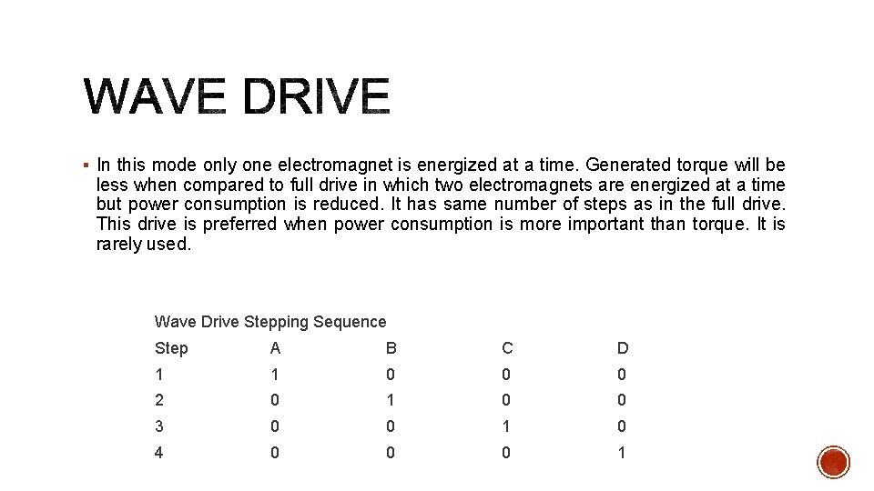 § In this mode only one electromagnet is energized at a time. Generated torque