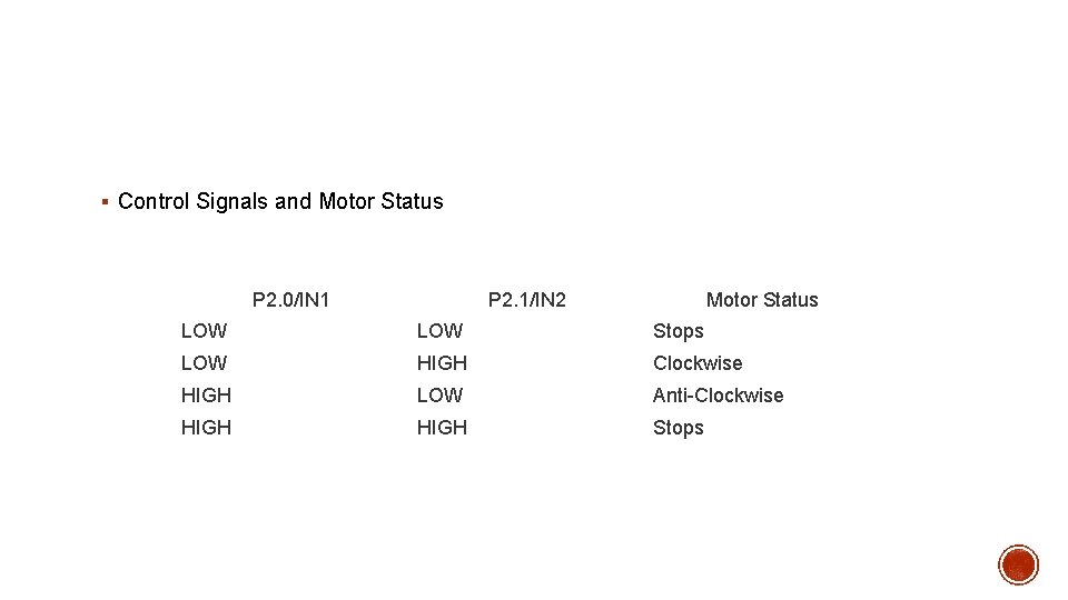 § Control Signals and Motor Status P 2. 0/IN 1 P 2. 1/IN 2