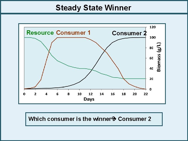 Steady State Winner Consumer 2 Biomass (g/L) Resource Consumer 1 Consumer 2 Which consumer
