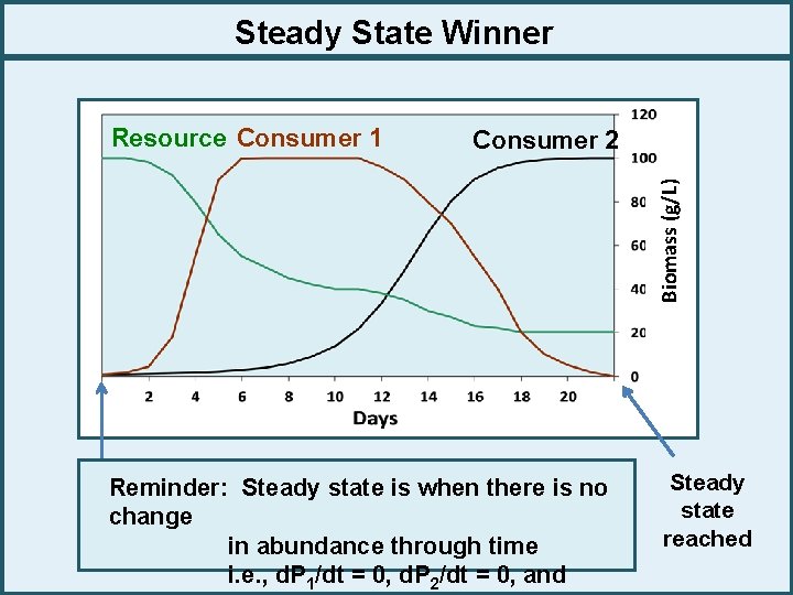 Steady State Winner Consumer 2 Biomass (g/L) Resource Consumer 1 Reminder: Steady state is