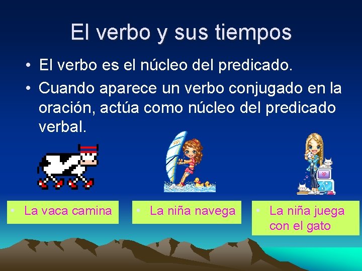 El verbo y sus tiempos • El verbo es el núcleo del predicado. •