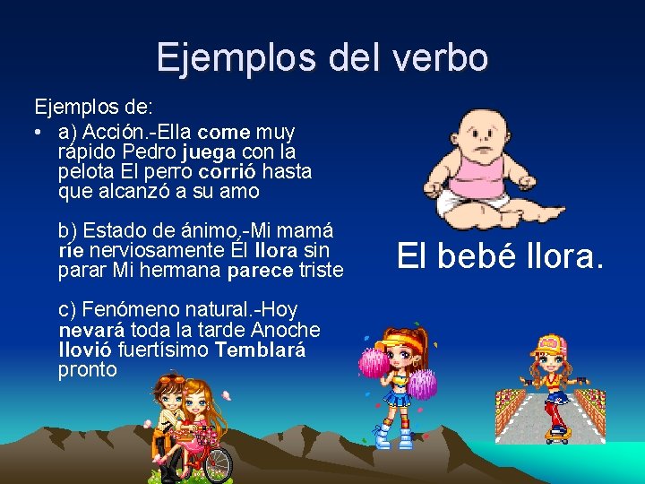 Ejemplos del verbo Ejemplos de: • a) Acción. -Ella come muy rápido Pedro juega
