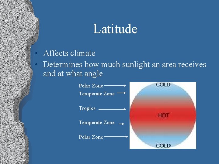 Latitude • Affects climate • Determines how much sunlight an area receives and at