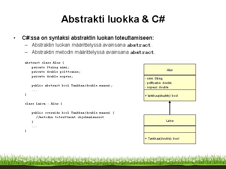 Abstrakti luokka & C# • C#: ssa on syntaksi abstraktin luokan toteuttamiseen: – Abstraktin