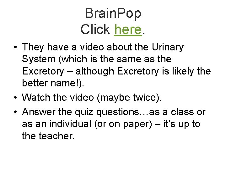 Brain. Pop Click here. • They have a video about the Urinary System (which
