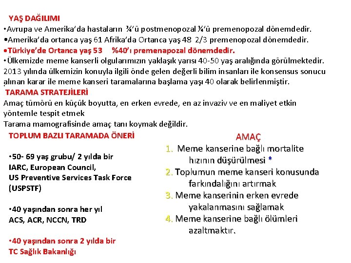 YAŞ DAĞILIMI • Avrupa ve Amerika’da hastaların ¾’ü postmenopozal ¼’ü premenopozal dönemdedir. • Amerika’da