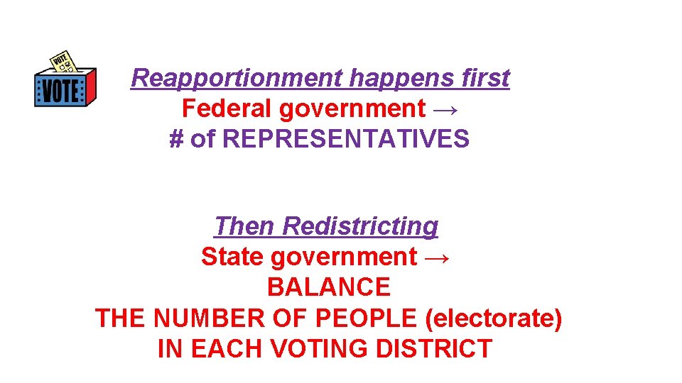 Reapportionment happens first Federal government → # of REPRESENTATIVES Then Redistricting State government →