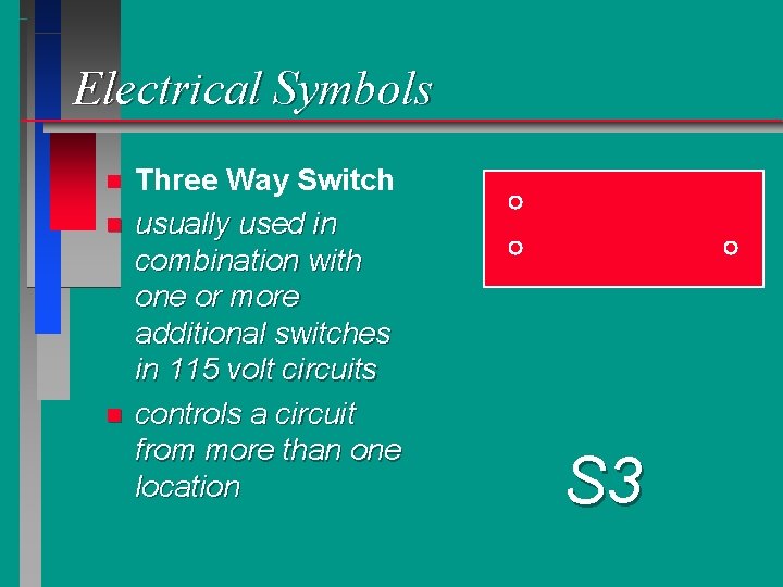 Electrical Symbols n n n Three Way Switch usually used in combination with one