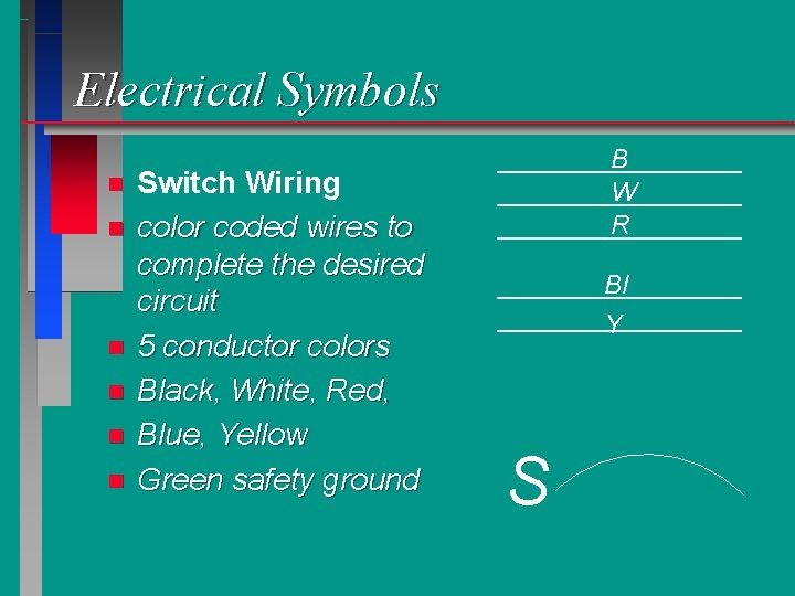 Electrical Symbols n n n Switch Wiring color coded wires to complete the desired