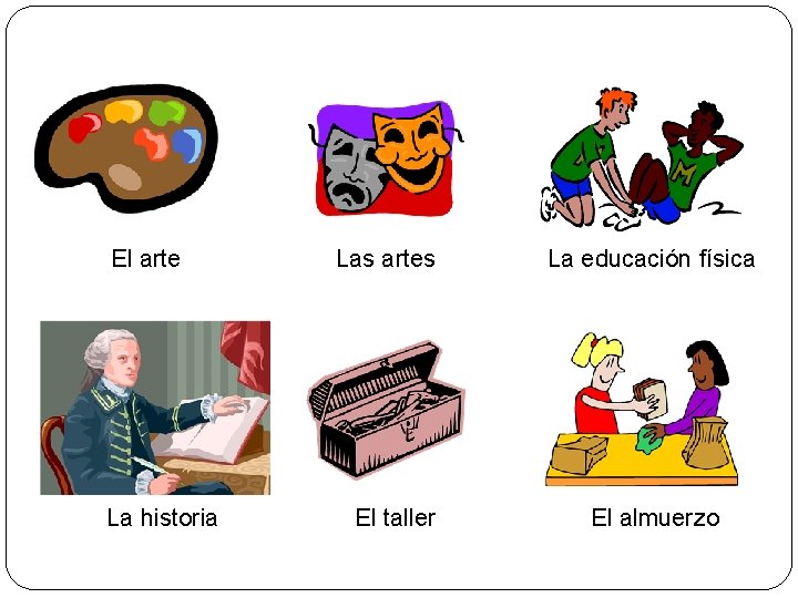 El arte La historia Las artes El taller La educación física El almuerzo 