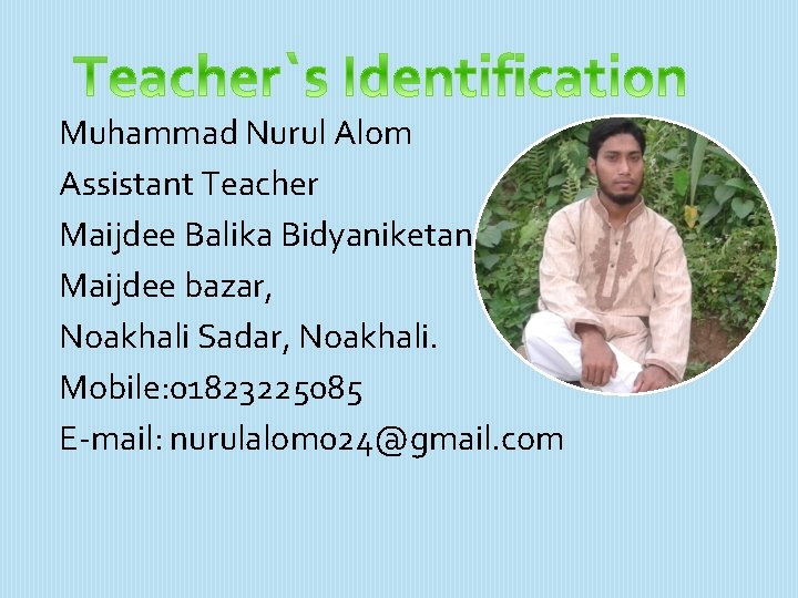 Muhammad Nurul Alom Assistant Teacher Maijdee Balika Bidyaniketan Maijdee bazar, Noakhali Sadar, Noakhali. Mobile: