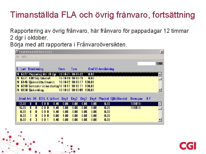 Timanställda FLA och övrig frånvaro, fortsättning Rapportering av övrig frånvaro, här frånvaro för pappadagar