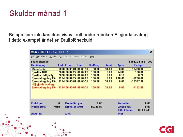 Skulder månad 1 Belopp som inte kan dras visas i rött under rubriken Ej