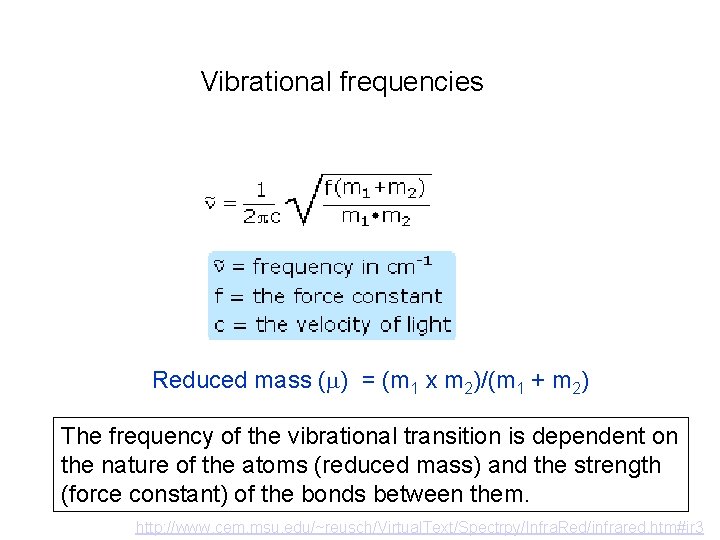 Vibrational frequencies Reduced mass (m) = (m 1 x m 2)/(m 1 + m
