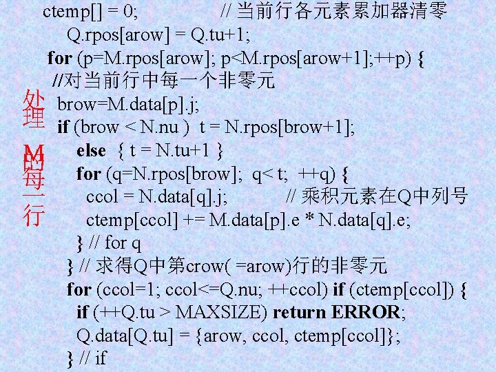 ctemp[] = 0; // 当前行各元素累加器清零 Q. rpos[arow] = Q. tu+1; for (p=M. rpos[arow]; p<M.