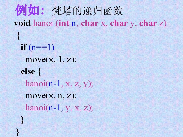 例如: 梵塔的递归函数 void hanoi (int n, char x, char y, char z) { if