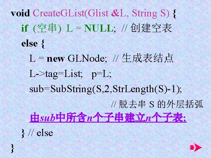 void Create. GList(Glist &L, String S) { if (空串) L = NULL; // 创建空表