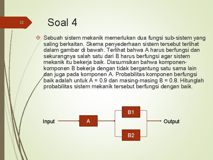 32 Soal 4 Sebuah sistem mekanik memerlukan dua fungsi sub-sistem yang saling berkaitan. Skema