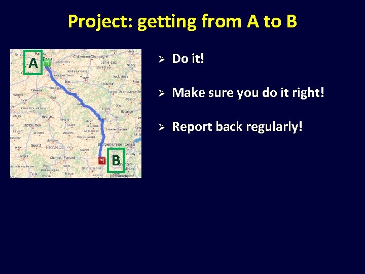 Project: getting from A to B A B Ø Do it! Ø Make sure