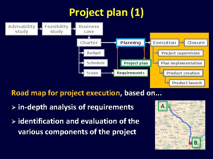 Project plan (1) Advisability study Feasibility study Business case Charter Planning Budget Schedule Scope