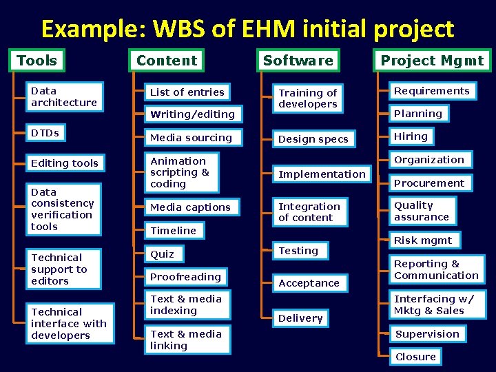 Example: WBS of EHM initial project Tools Data architecture DTDs Editing tools Data consistency