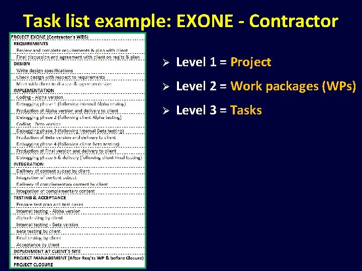 Task list example: EXONE - Contractor Ø Level 1 = Project Ø Level 2