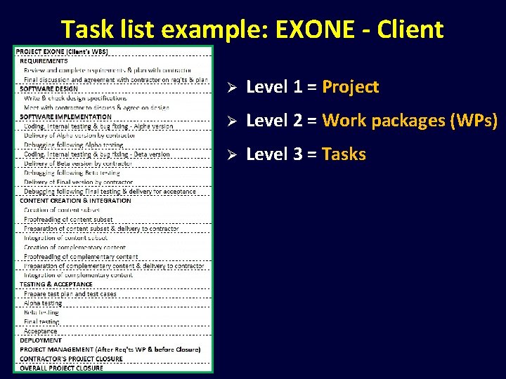 Task list example: EXONE - Client Ø Level 1 = Project Ø Level 2