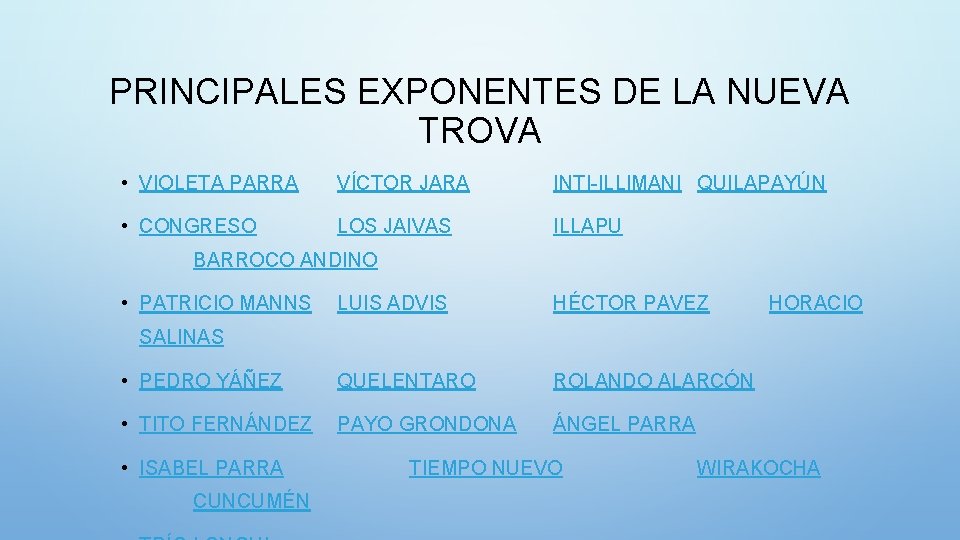 PRINCIPALES EXPONENTES DE LA NUEVA TROVA • VIOLETA PARRA VÍCTOR JARA INTI-ILLIMANI QUILAPAYÚN •
