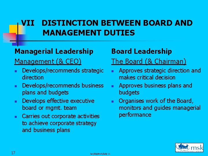 VII DISTINCTION BETWEEN BOARD AND MANAGEMENT DUTIES Managerial Leadership Management (& CEO) n n