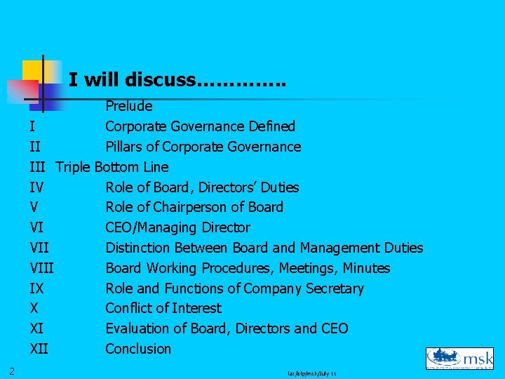 I will discuss…………. . Prelude I Corporate Governance Defined II Pillars of Corporate Governance