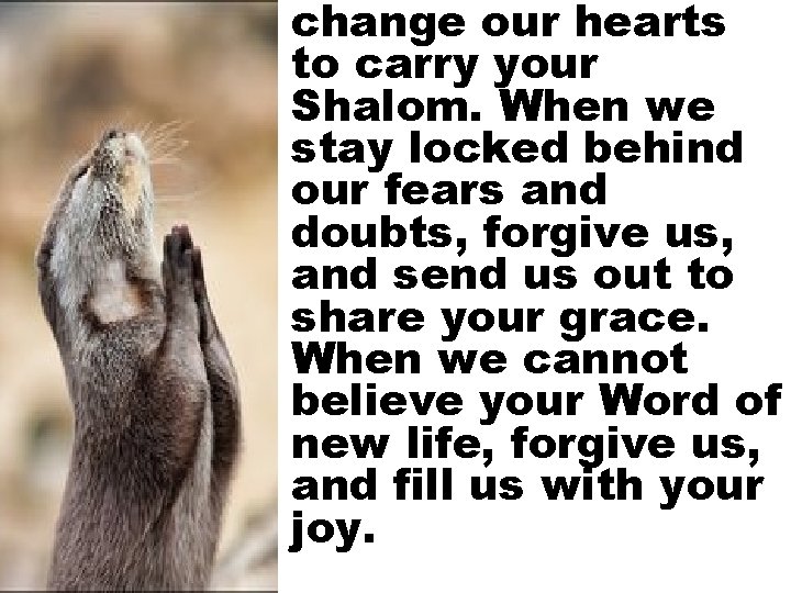 change our hearts to carry your Shalom. When we stay locked behind our fears