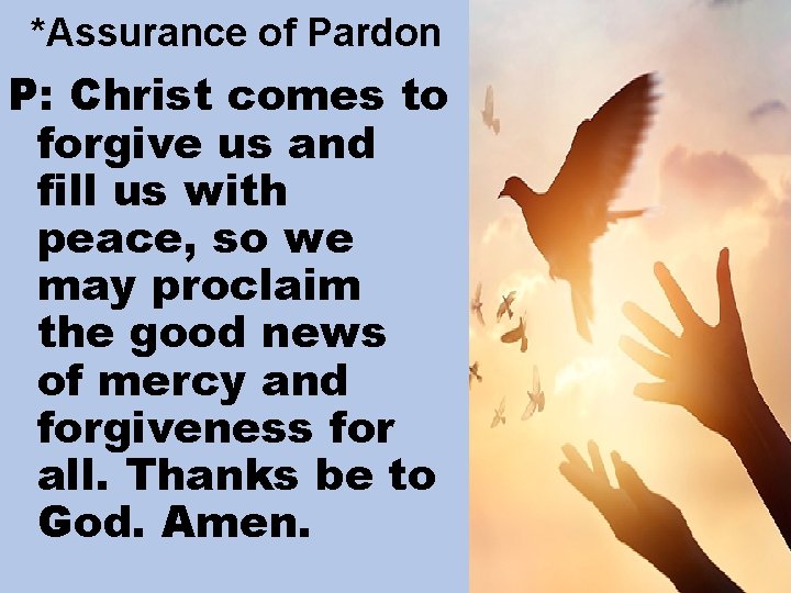 *Assurance of Pardon P: Christ comes to forgive us and fill us with peace,