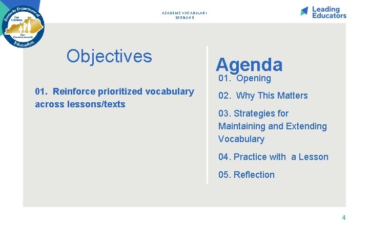 ACADEMIC VOCABULARY SESSION 9 Objectives Agenda 01. Opening 01. Reinforce prioritized vocabulary across lessons/texts