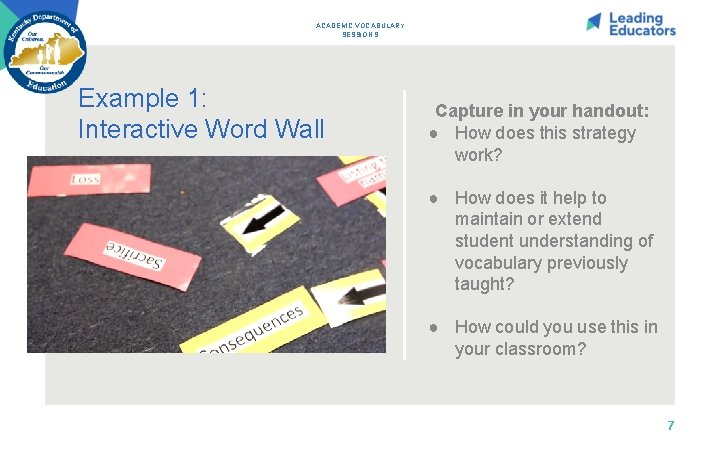 ACADEMIC VOCABULARY SESSION 9 Example 1: Interactive Word Wall Capture in your handout: ●