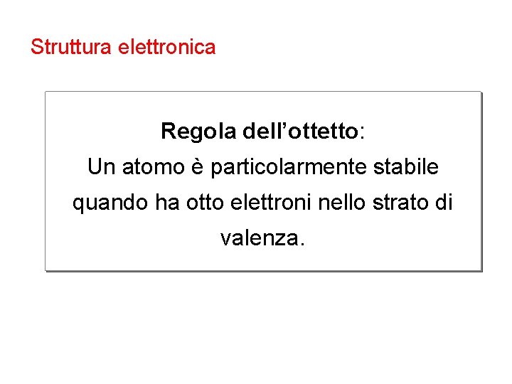 Struttura elettronica Regola dell’ottetto: Un atomo è particolarmente stabile quando ha otto elettroni nello