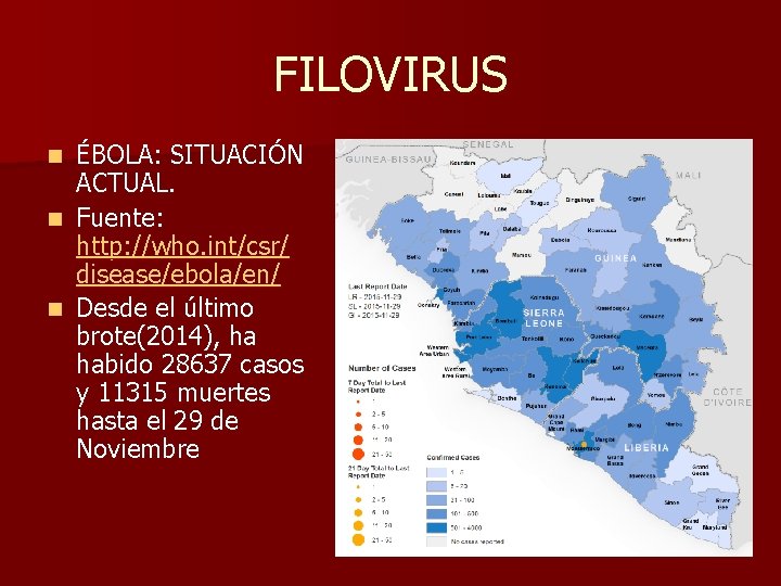 FILOVIRUS ÉBOLA: SITUACIÓN ACTUAL. n Fuente: http: //who. int/csr/ disease/ebola/en/ n Desde el último
