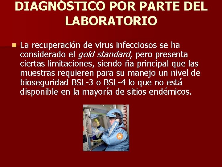 DIAGNÓSTICO POR PARTE DEL LABORATORIO n La recuperación de virus infecciosos se ha considerado