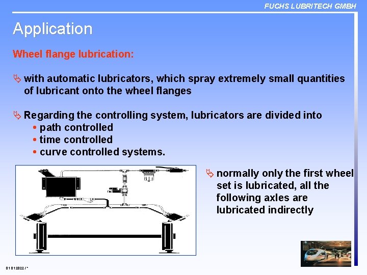 FUCHS LUBRITECH GMBH Application Wheel flange lubrication: Ä with automatic lubricators, which spray extremely